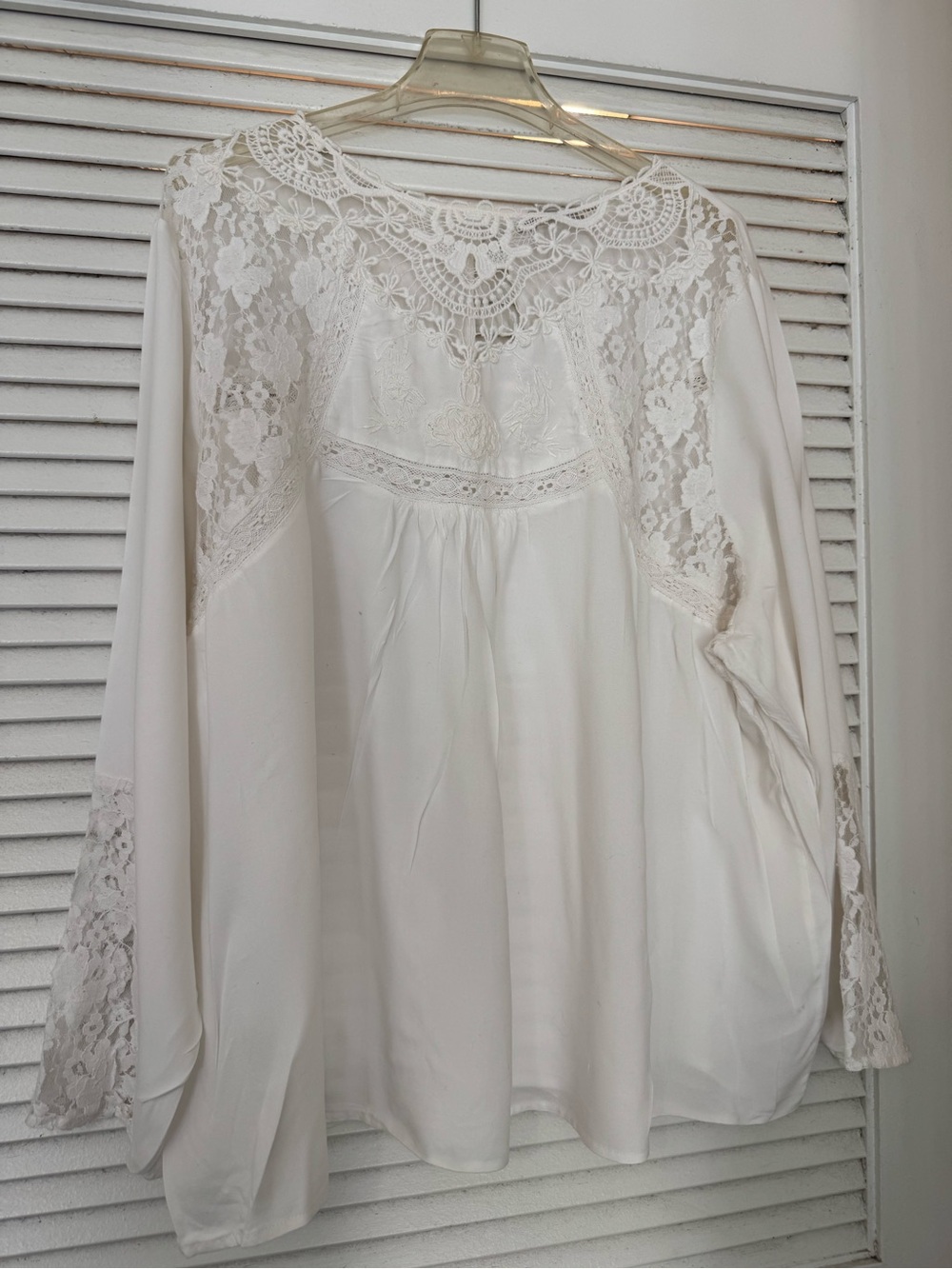 Women's Ivory Lace Yoke Blouse with Long Sleeves